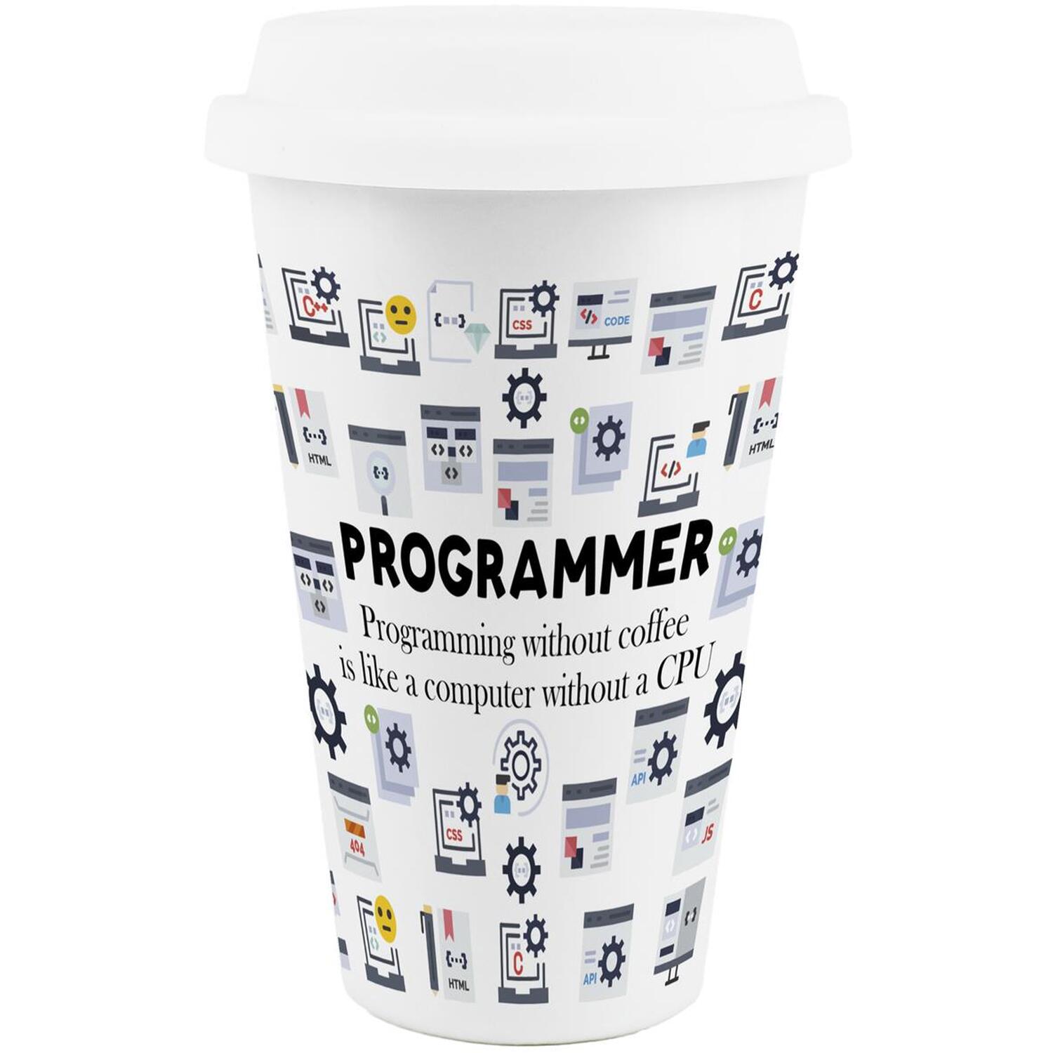 Purely Home Novelty Programmer Ceramic Travel Mug - Reusable Drinks Cup Gift - White