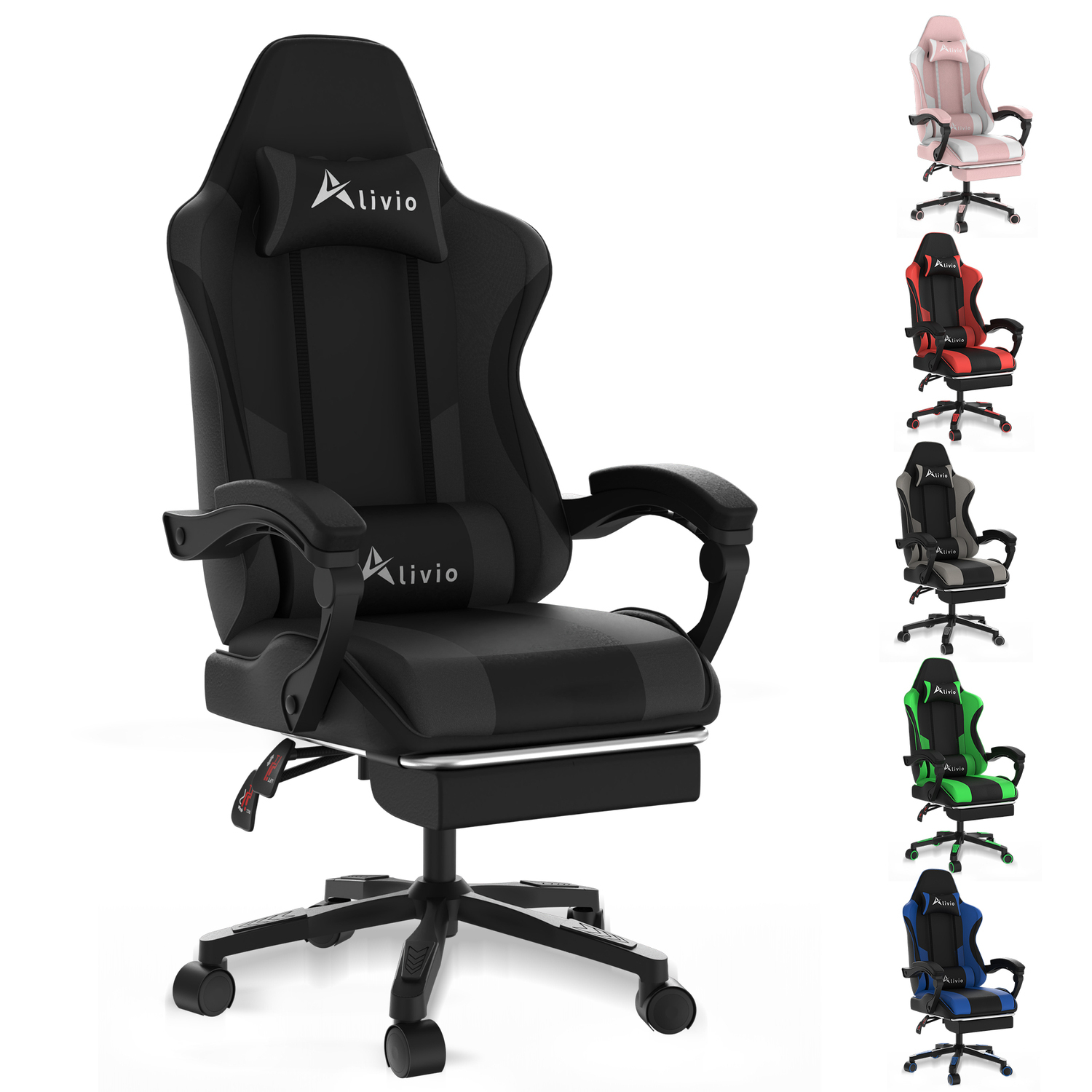 Alivio Ergonomic Gaming Chair With Massage Lumbar Cushion & Retractable Footrest, Pu Leather Video Game Chair (Black) - Image 2