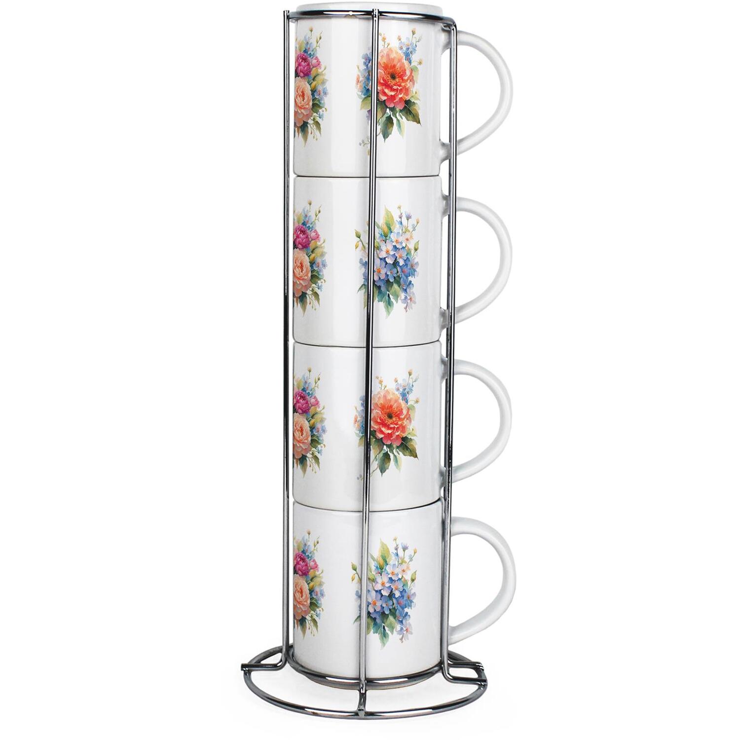 Floral Small Stacking Mugs - Set of 4 Flower Bouquet Presents for Her - Image 2