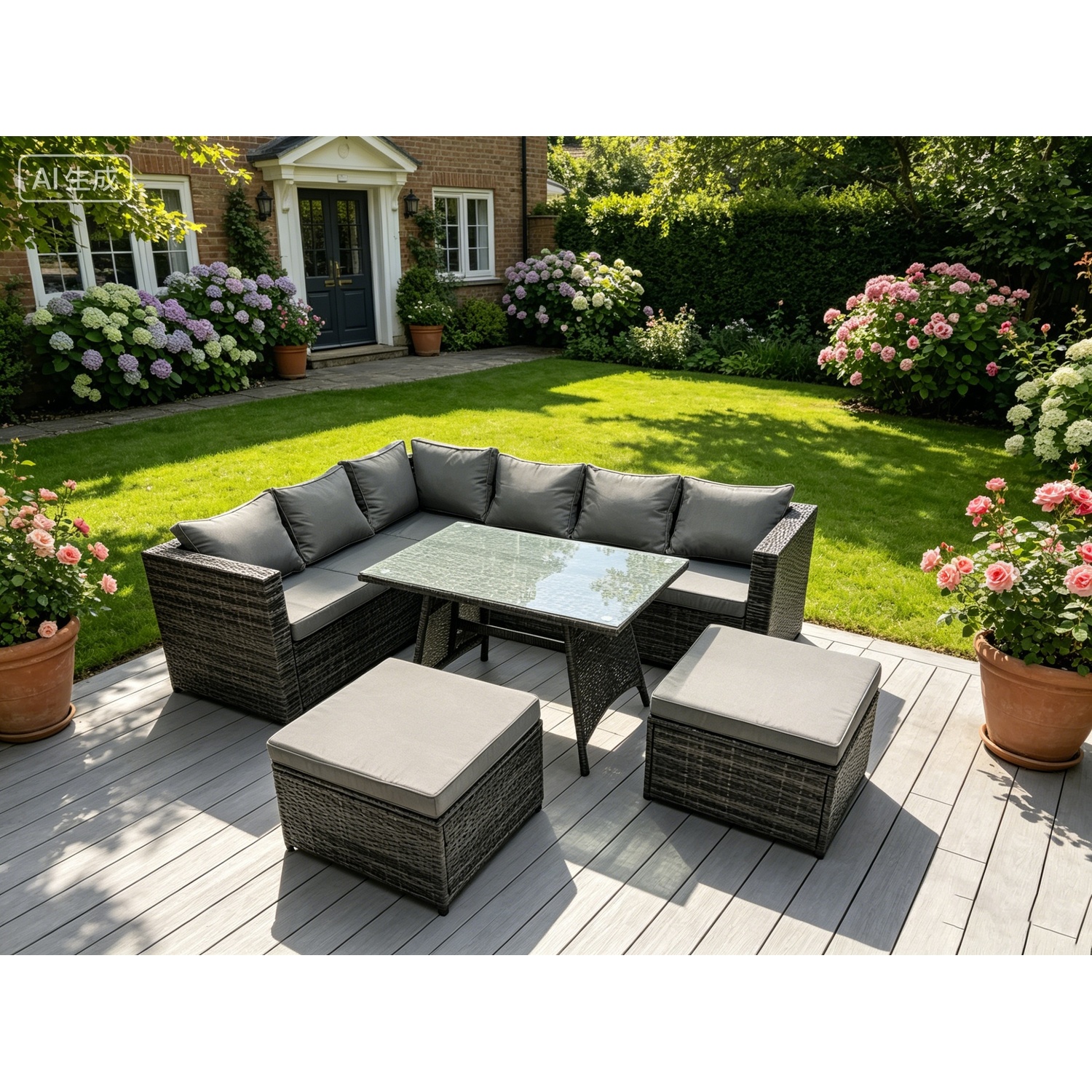 Fimous 8 Seater Rattan Corner Sofa Set Garden Furniture Outdoor - Dark Grey Mixed
