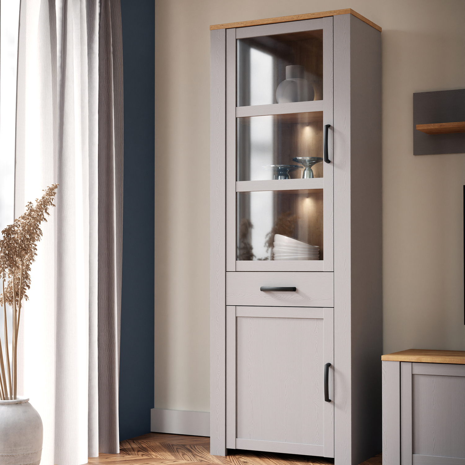 B&Q -  Bohol Narrow Display Cabinet Inc. 2X Led Lights In Riviera Oak/grey Oak - Image 4