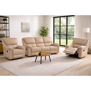 Denver Beige Fabric Reclining 3 Seater and 2 Recliner Armchairs