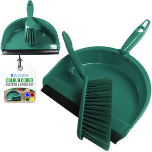 Colour Coded Dustpan and Brush Set Dustpan with Rubber Lip Soft Bristle Brush - Green
