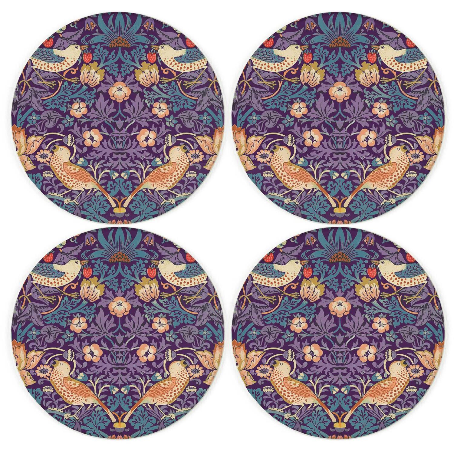 Purely Home Purple Strawberry Thief Round Glass Coasters - William Morris Inspired Artwork Set Of 4 - Purple