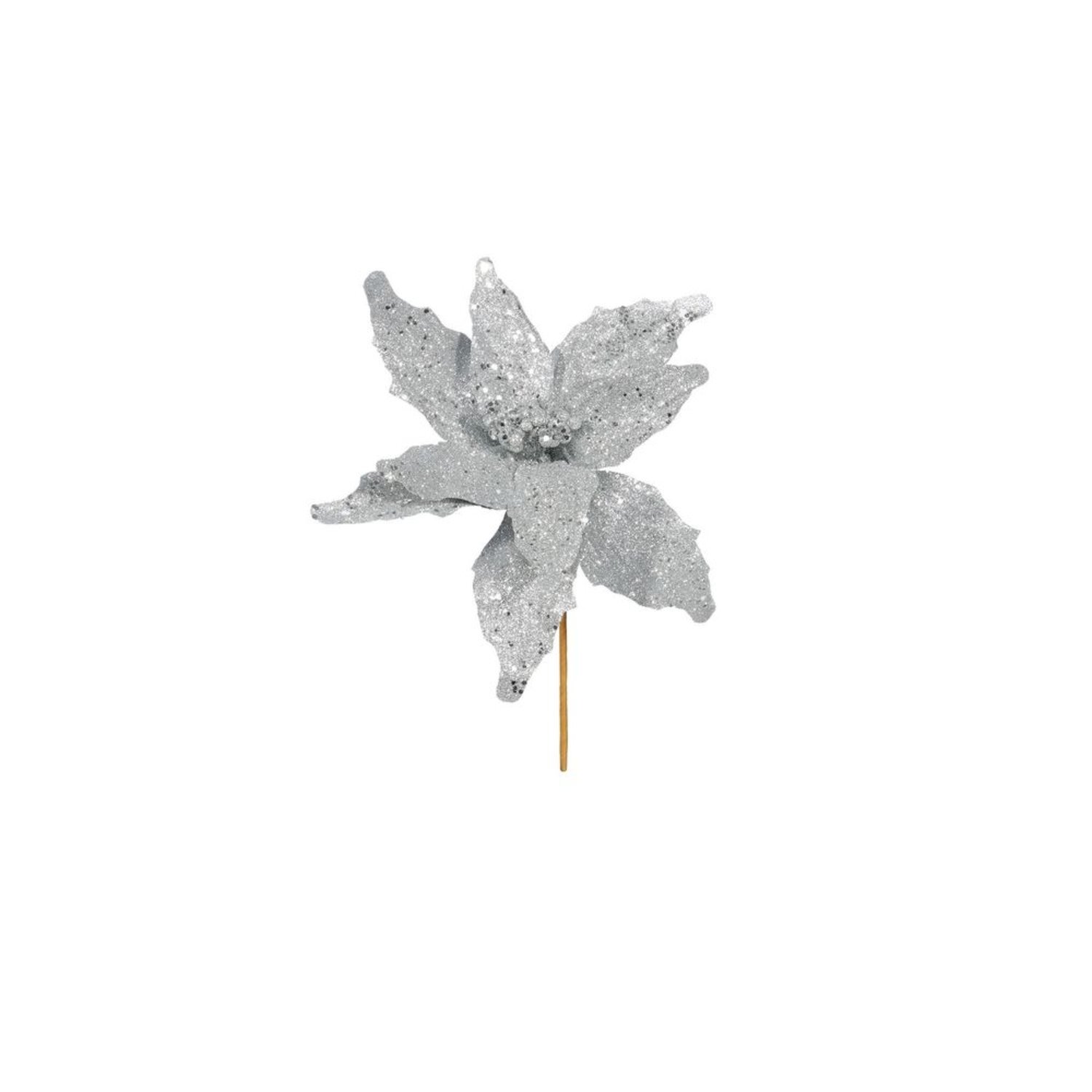 Kdmd Silver Glitter Poinsettia Pick 4 Pack Silver - Silver