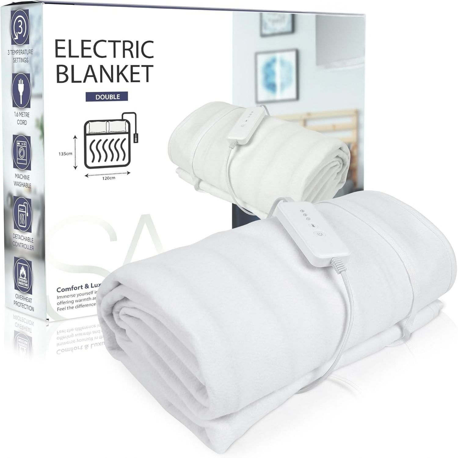 SA Products Electric Heated Blanket | Electric Blanket Double, Detachable Remote & 3 Heat Settings | Auto Shutoff Double Electric Blanket, Machine Washable Heated Blankets (120x135cm) - Image 2