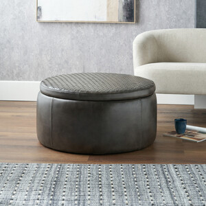 Large Round Leather Storage Pouffe