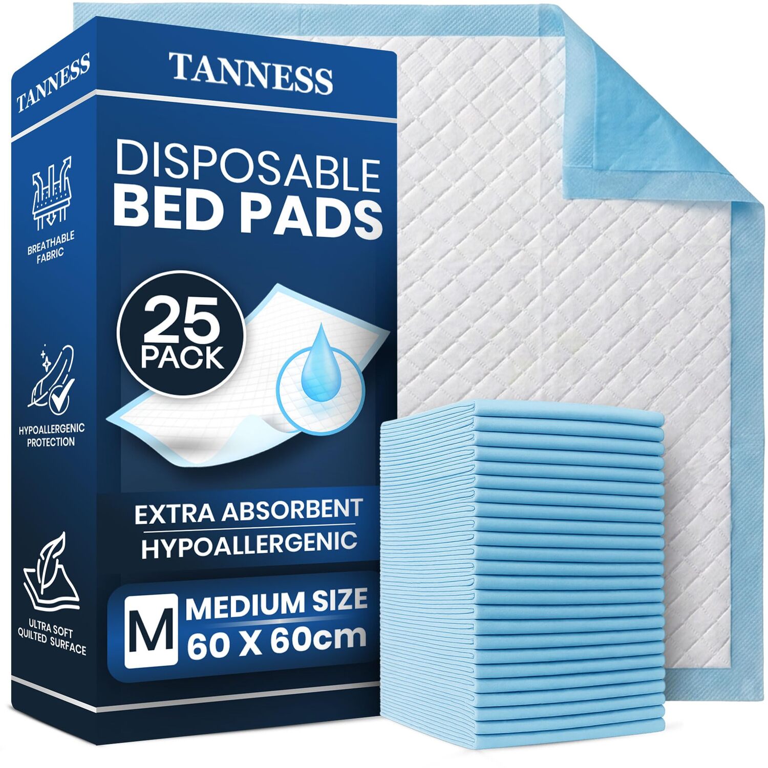 TANNESS 25 x Incontinence Bed Pads, Disposable Bed Mats 60 x 60 cm | SUPER ABSORBENT Incontinence Bed Sheet, Protector Leak-Proof Bed Pads for Incontinence Adults, Waterproof Bed Wetting Sheets - Image 2