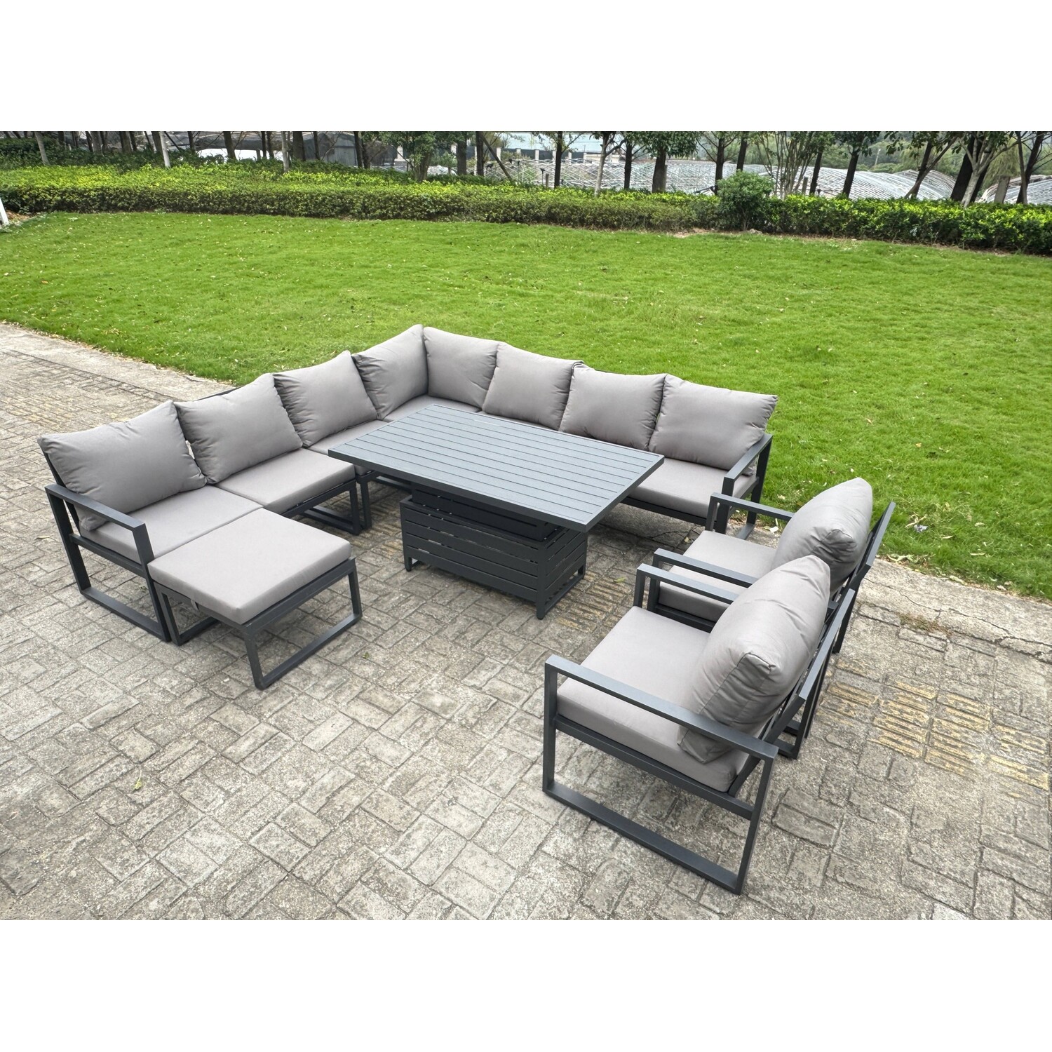 Fimous Grey 11 Seater Aluminium Outdoor Garden Furniture Set With Corner Sofa, Rising Dining Table, Footstool & 3 Chairs - Image 2