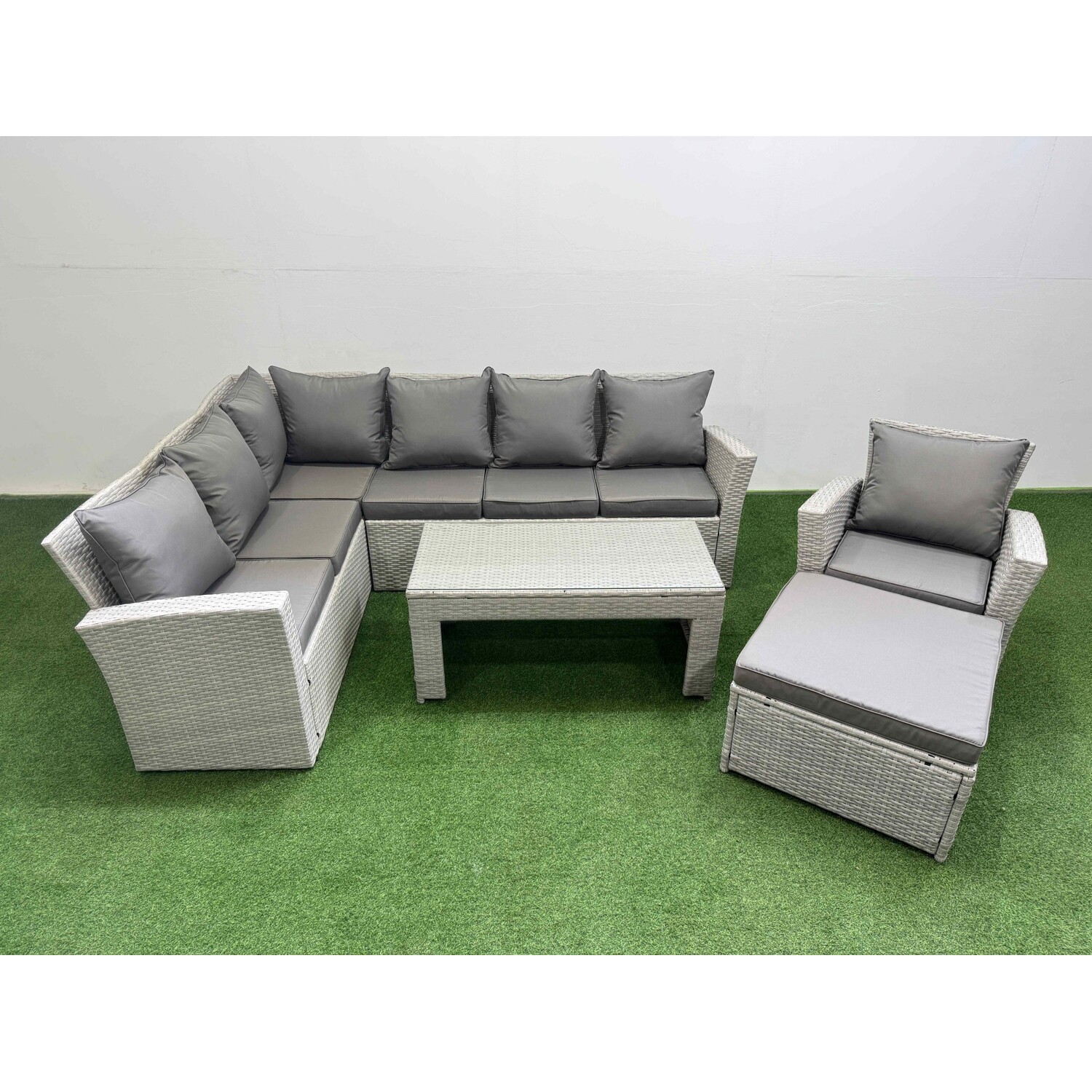 Fimous Unisex Light Grey Outdoor Seater Corner Sofa Sets With Chair Big Stool Size 8 - Image 2