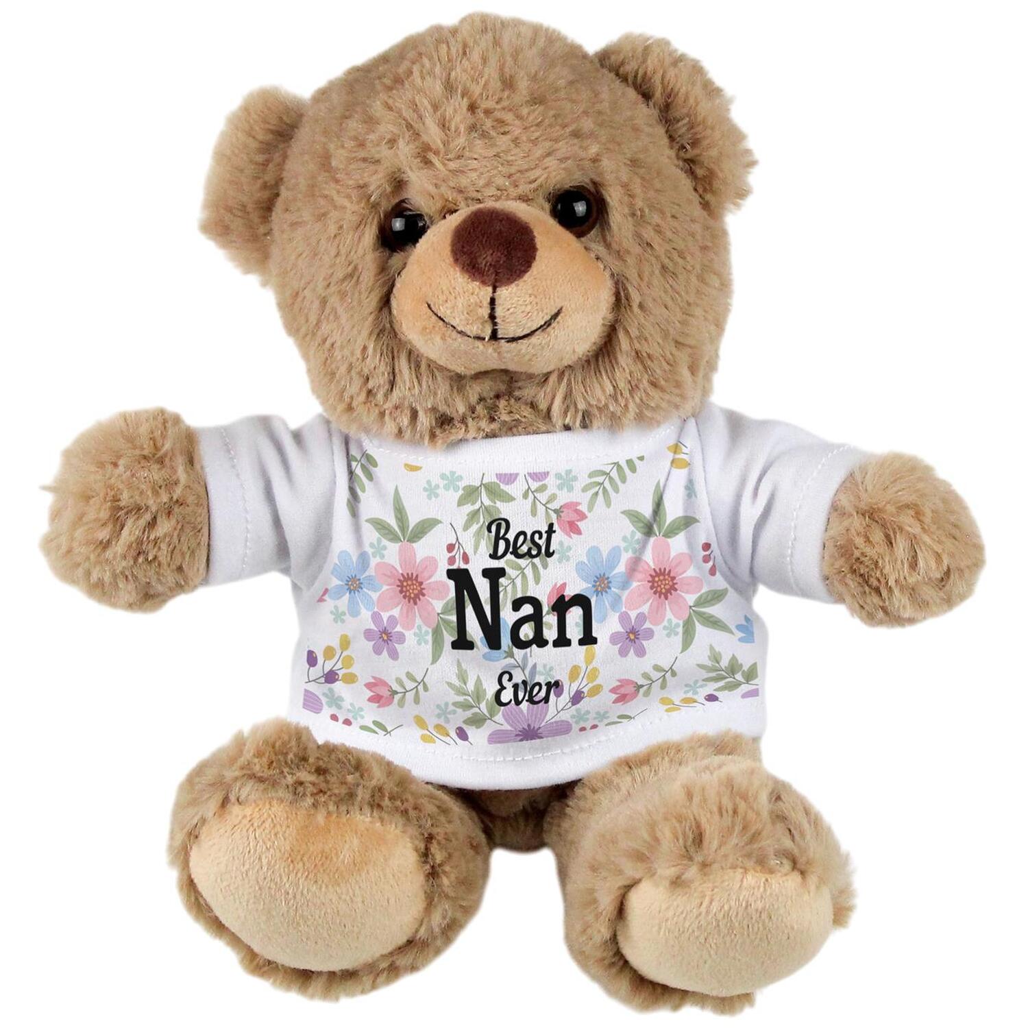 B&Q - Best Nan Ever Teddy BearSmall Plush Toy Mothers Day Gifts For NanLight Brown Stuffed Animal With Floral Printed T-Shirt - Image 2