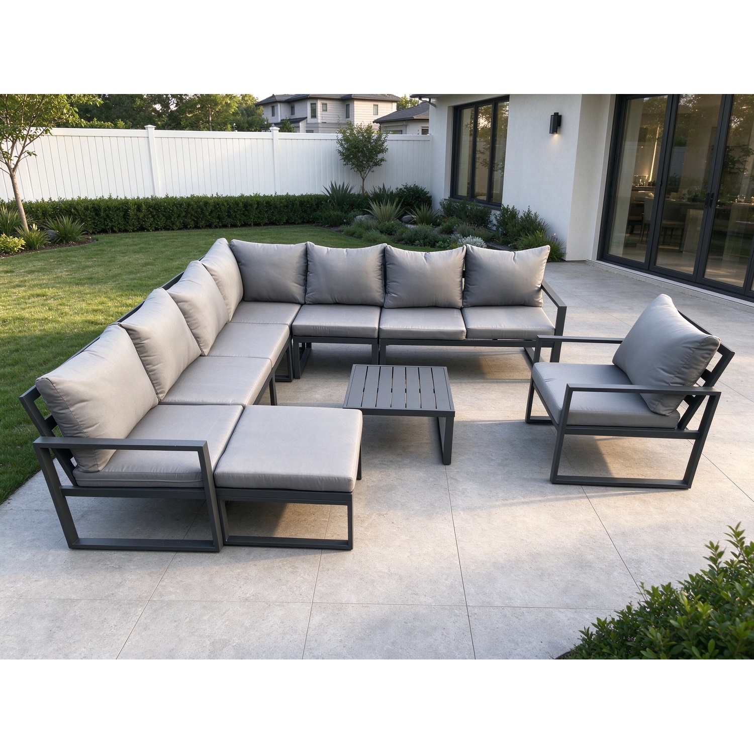 Fimous Outdoor Garden Furniture Patio Lounge Corner Sofa Aluminium Set With Square Coffee Table Big Footstool Chair Dark Grey - Image 3