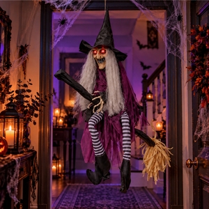 90cm Animated Hanging Halloween Witch with Red Light-Up Eyes and Sound