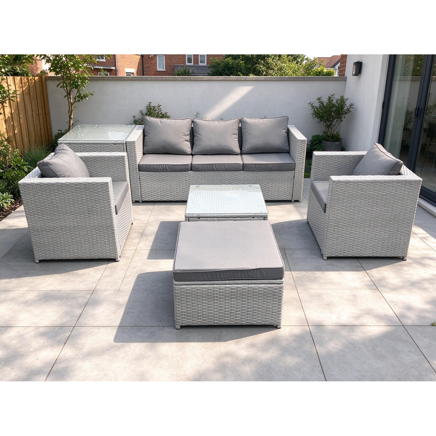B&Q - 6 Seater Rattan Garden Furniture Set 3 Seater Sofa 2 Chair Square Coffee Table Big Stool Side Table Light Grey - Image 2