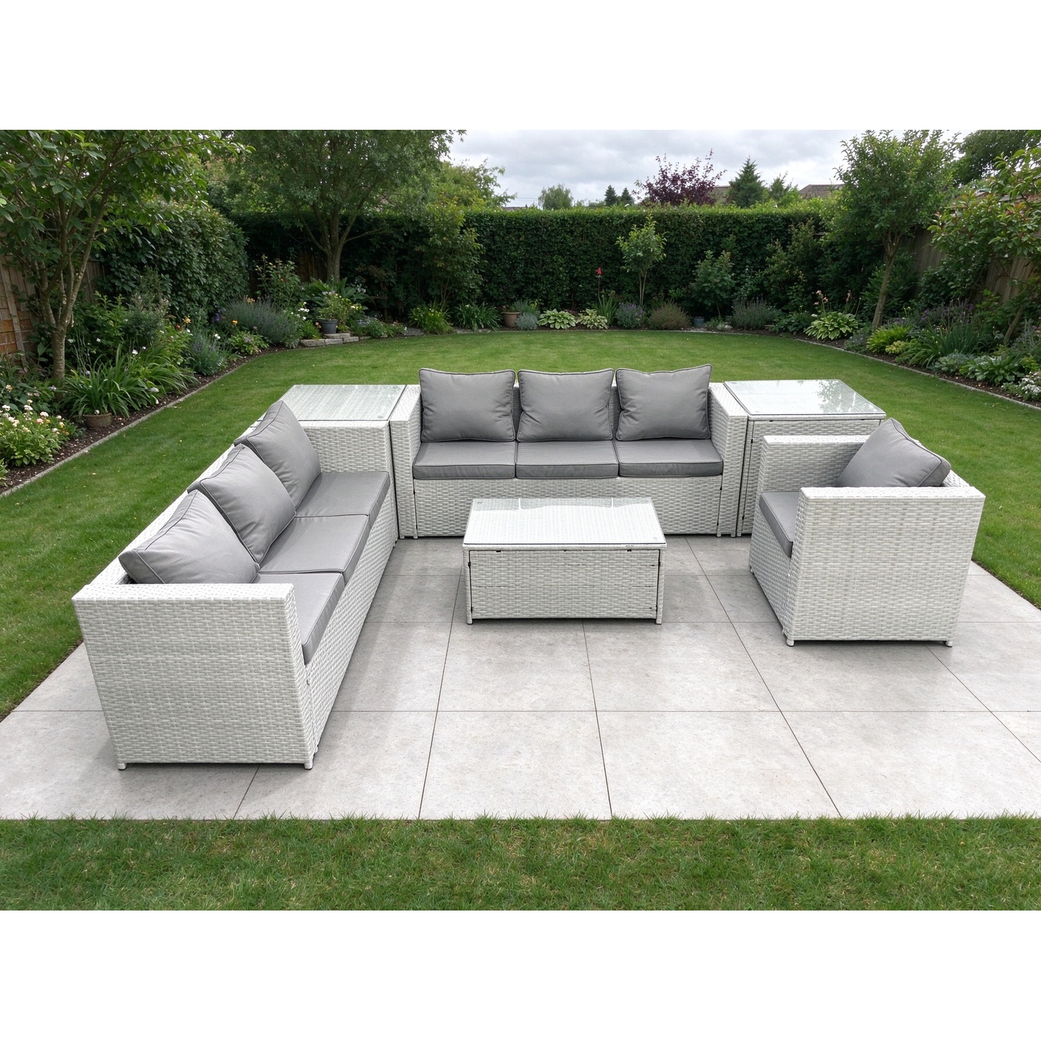 B&Q - Wicker Pe Rattan Sofa Garden Furniture Set Armchair Oblong Coffee Table 2 Side Tables Light Grey - Image 2
