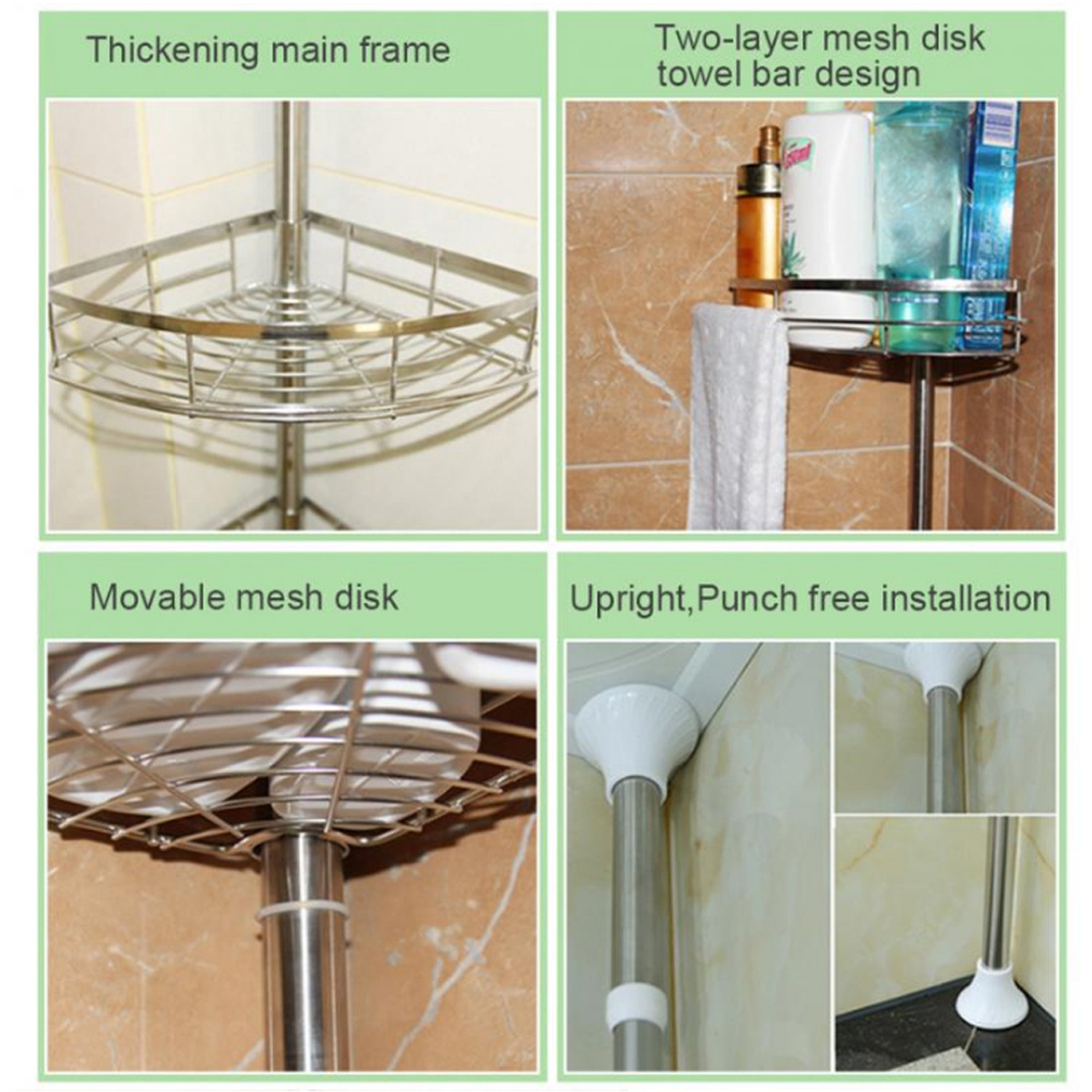 4 Tier Telescopic Shower Caddy No Drill Bathroom Storage Corner Shelf - Sliver