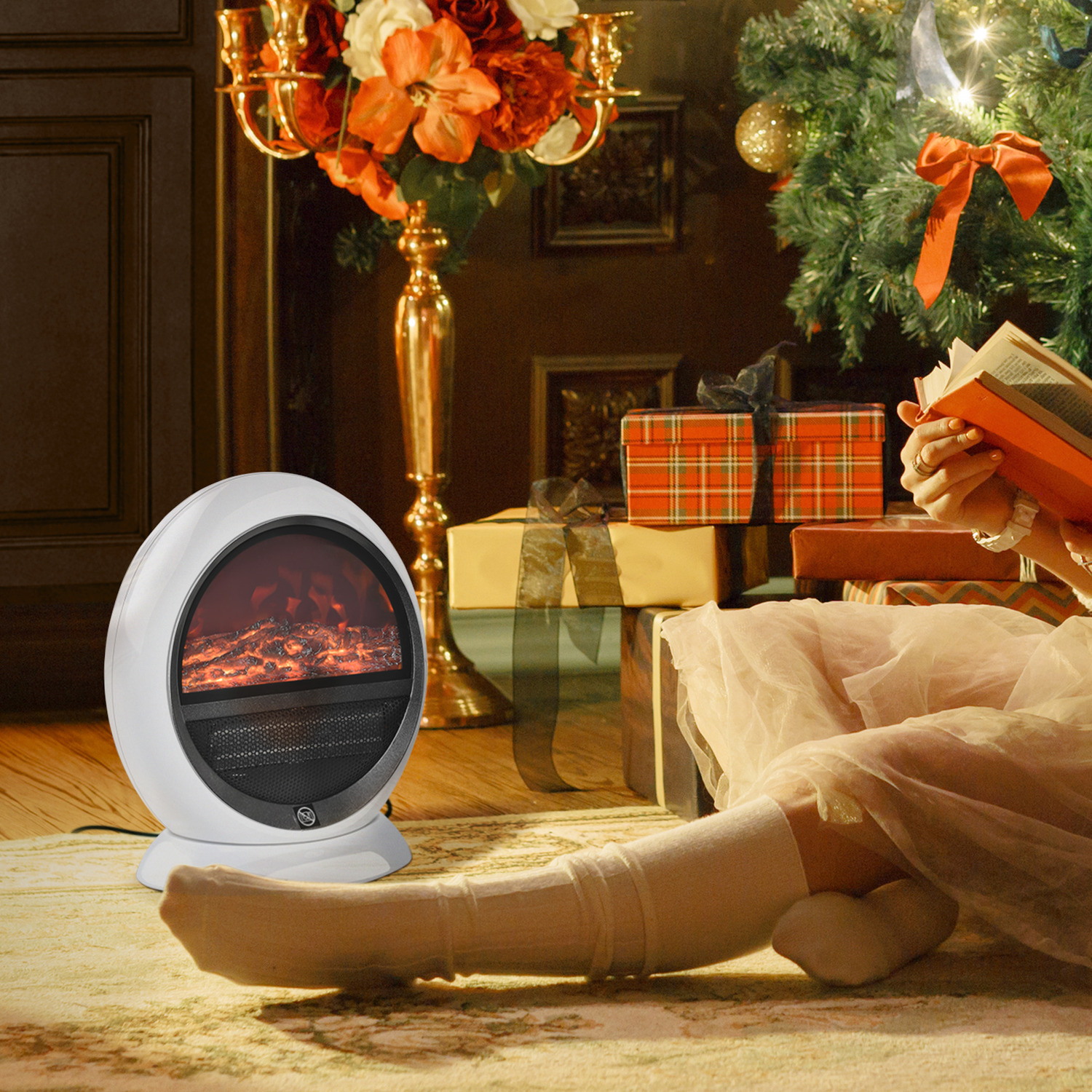 HOMCOM Electric Fireplace Heater with Flame Effect Rotatable - White