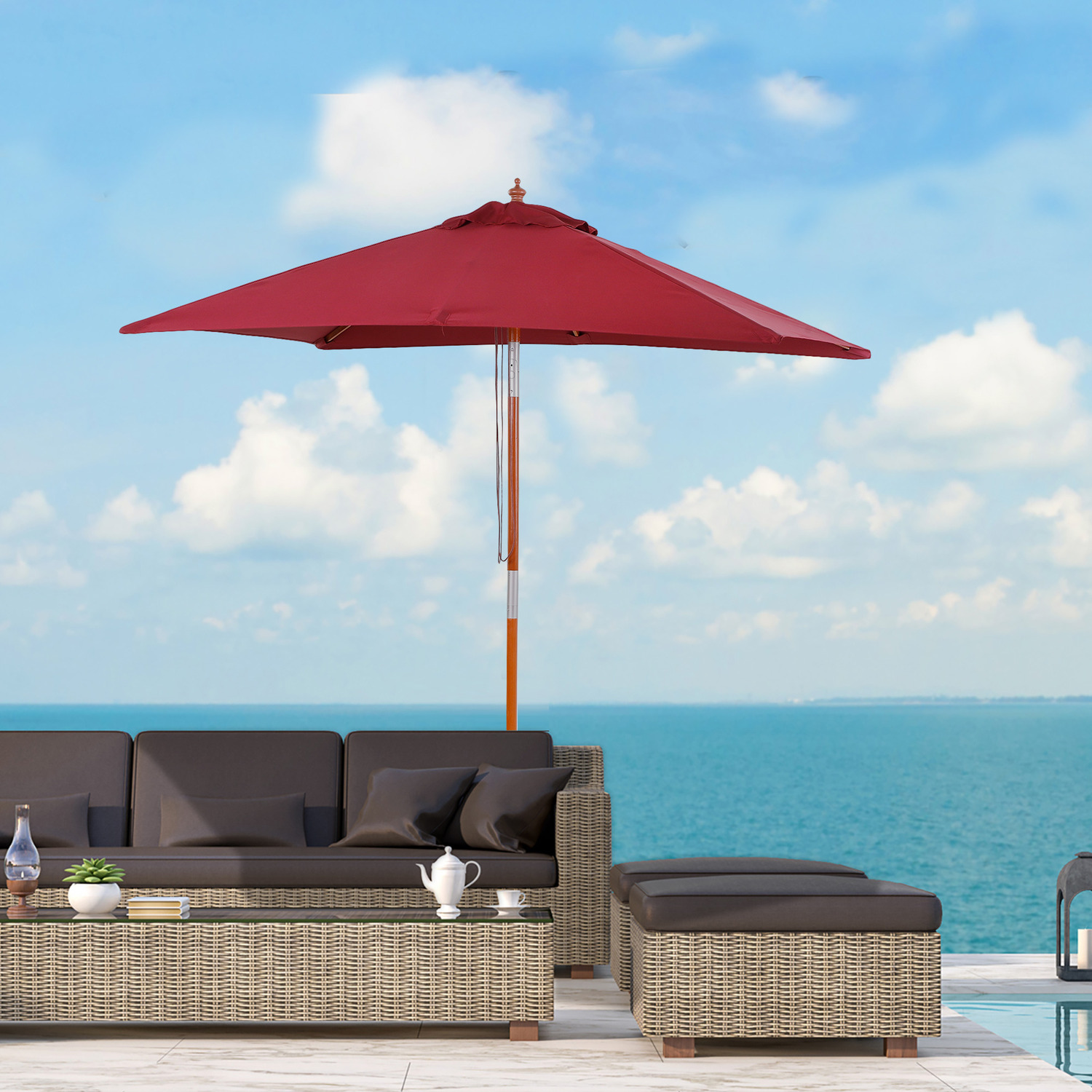Outsunny Wooden Patio Umbrella Market Parasol - Wine Red