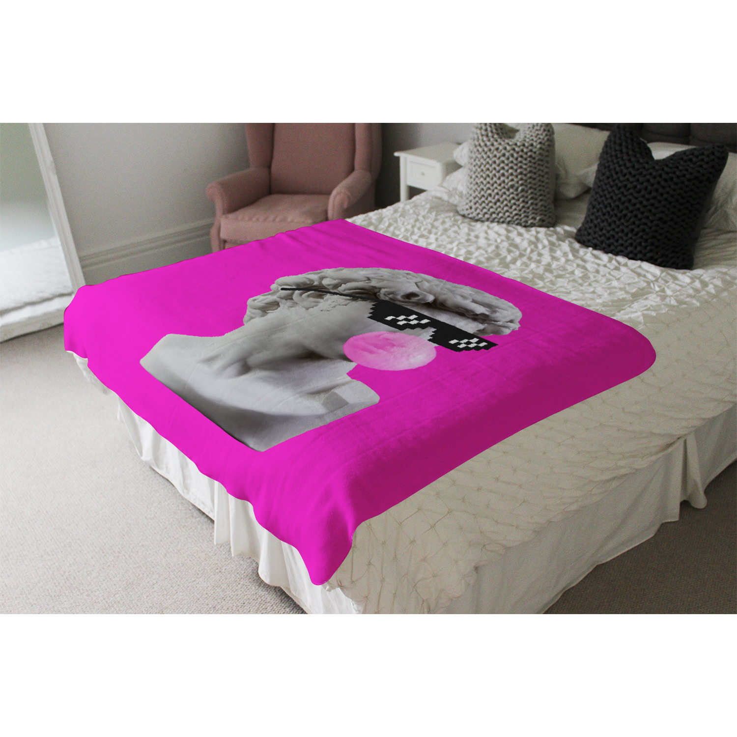 Plaster Statue,  David'S Head In Pixel Glasses Blanket - Pink