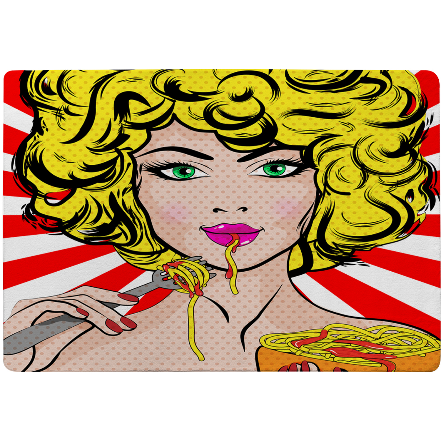 Pop Art Young Woman Eating Spaghetti Designer Rug - Red / 200cm thumbnail