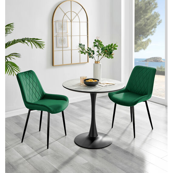 Elina White Marble Effect Round Dining Table and 2 Pesaro Black Leg Chairs