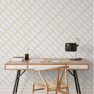 Metallic Gold White Linear Curve Wavey Lines Minimalist Feature Wallpaper