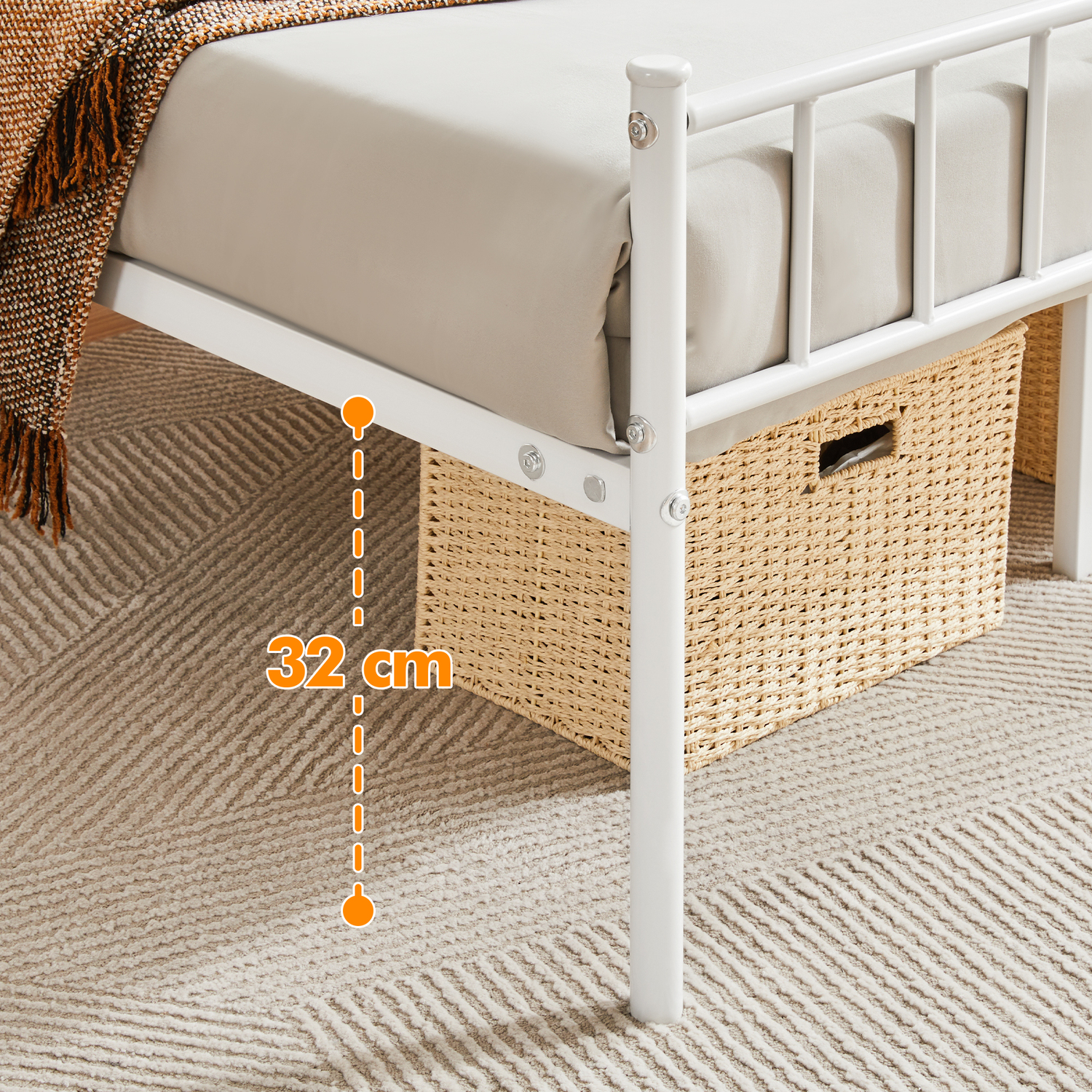 Metal Bed Frame With Large Storage Space - White Double
