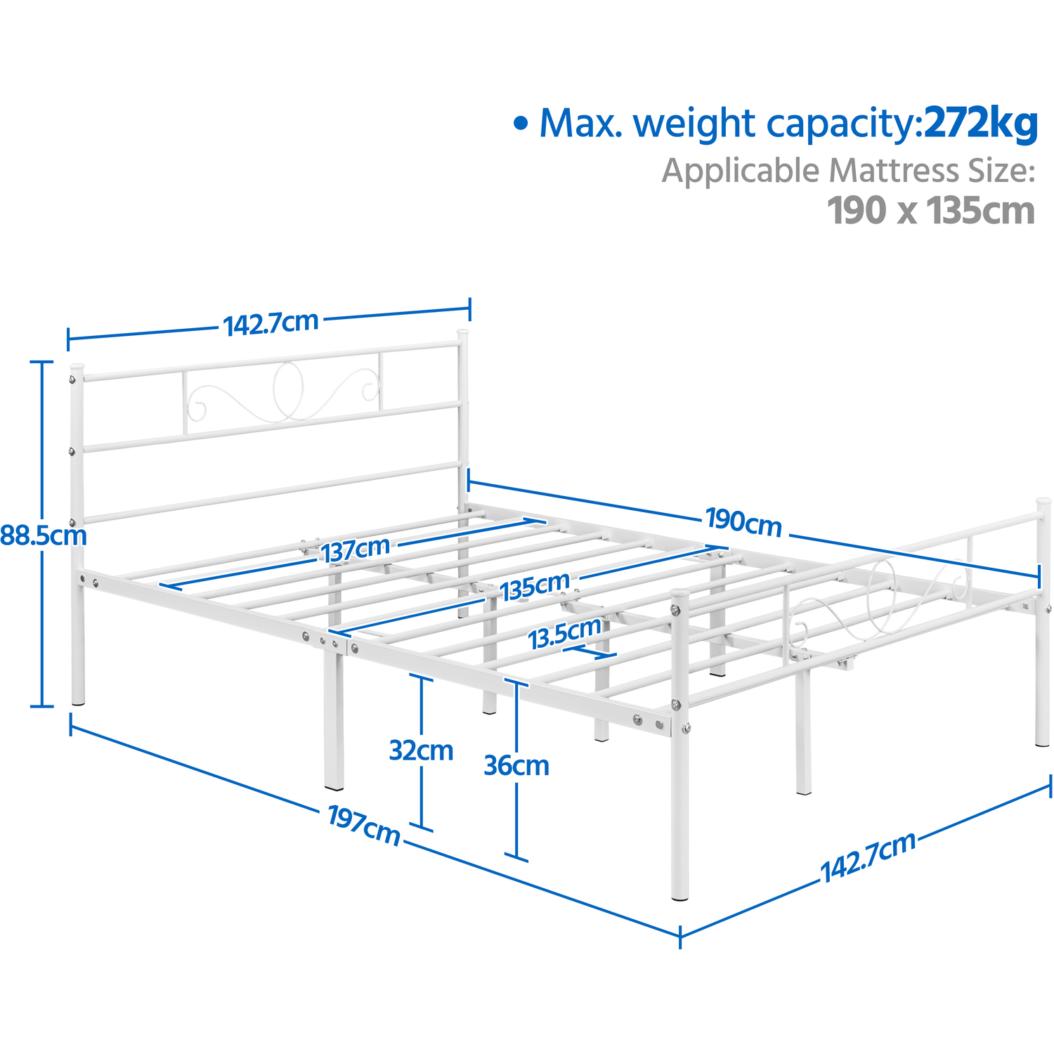 Metal Bed Frame With Scroll Design Headboard - White Double