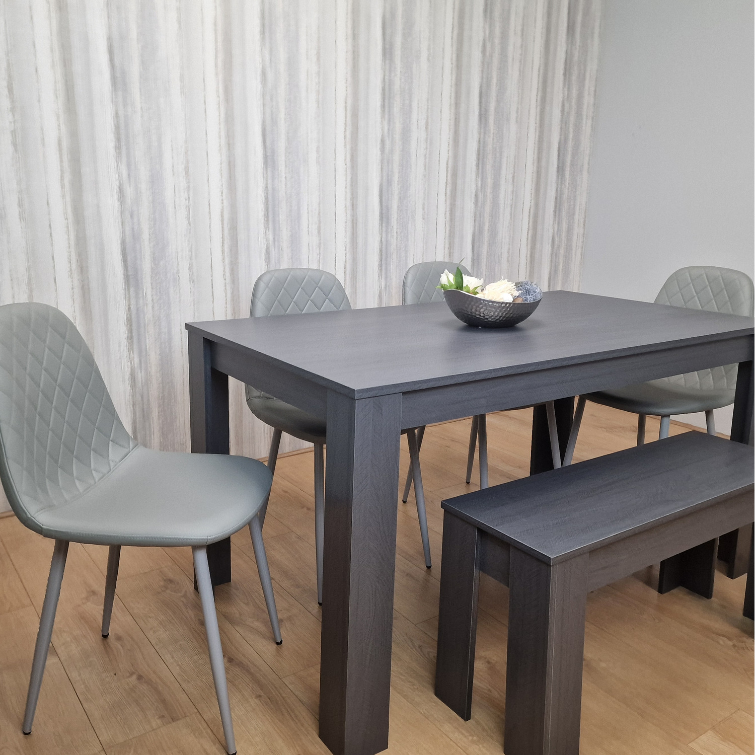 Dark Grey Dining Table with 4 Diamond Stitched Grey Chairs and 1 Bench