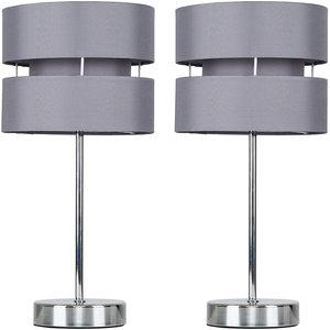 Chrome Bedside Table Lamps With Grey Shades - Set of 2