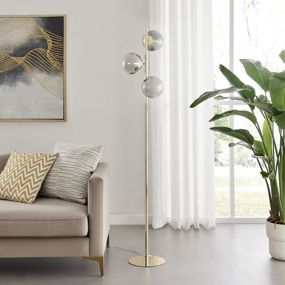 Lazio Tree Floor Lamp 3 Smoked Glass Globes with Brass Base