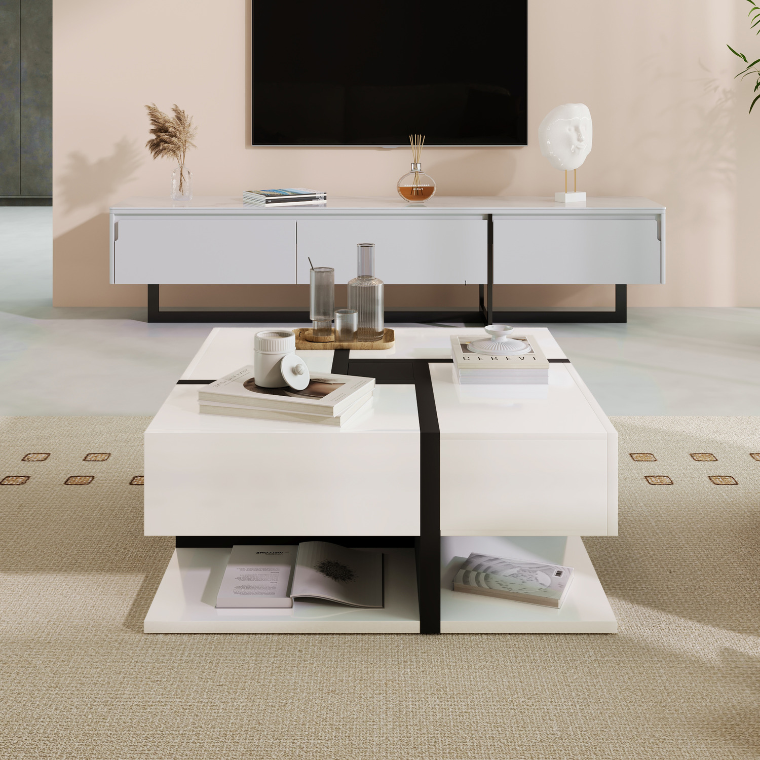 Modern Square Line Coffee Table - White Mdf Metal Wood
