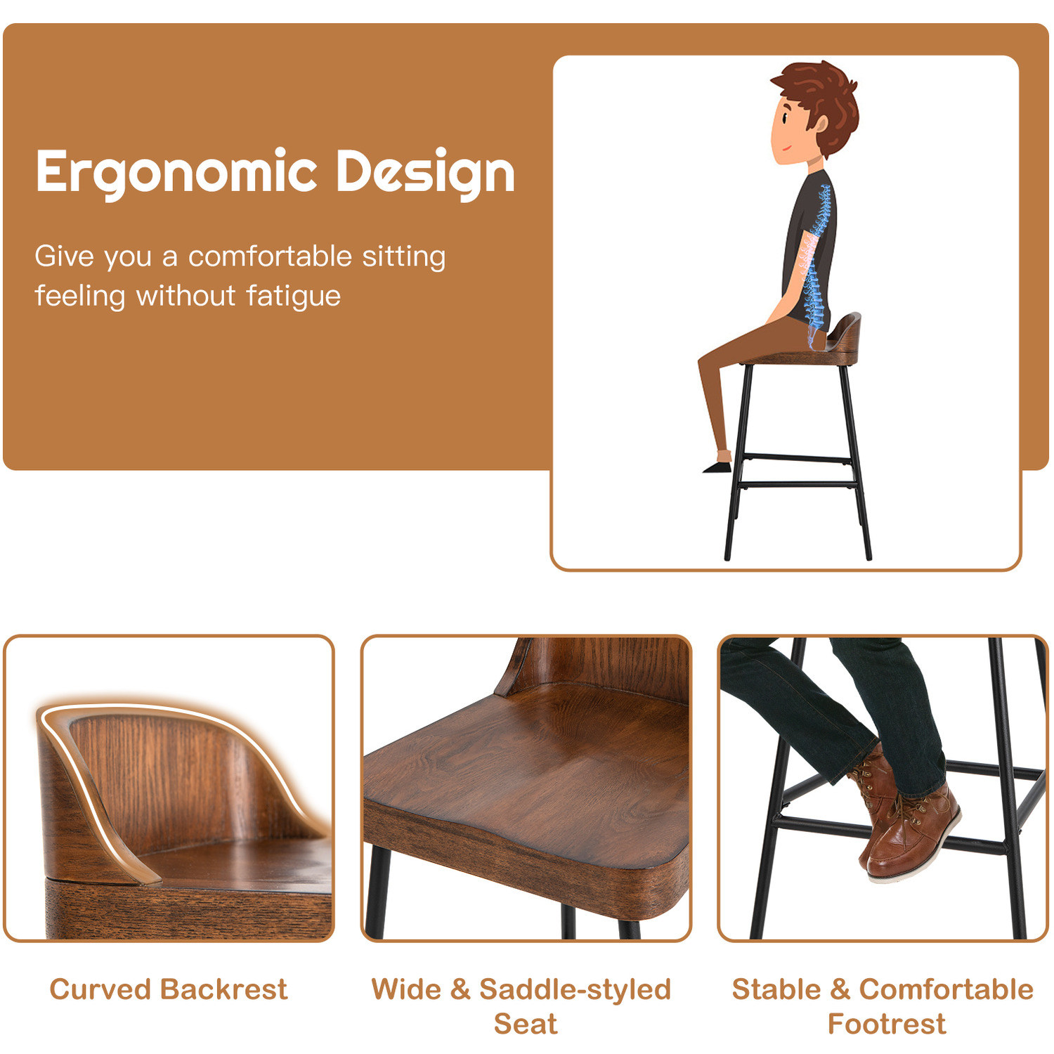Height Pub Stool Bar Stools With Backrest Saddle Seat - Brown Iron Mdf