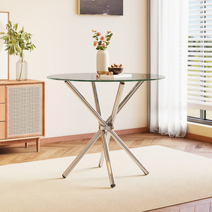 Round Dining Table with Tempered Glass and Crossover Design
