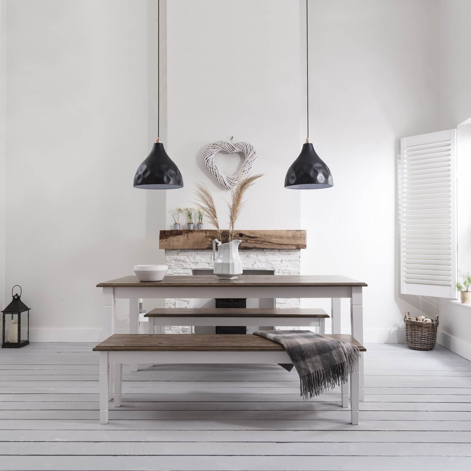Canterbury 180cm Dining Table With 2 Benches In Silk Grey And Dark Pine - White
