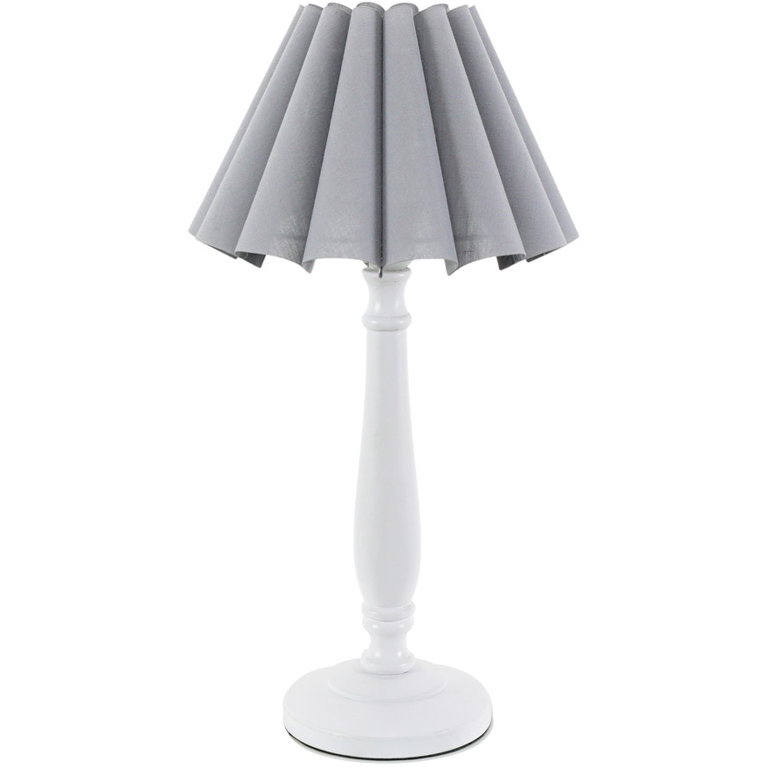 Victoria White Wood Candlestick Stem Table Lamp with Scallop Tapered Lamp Shade - Grey / Bulb Included