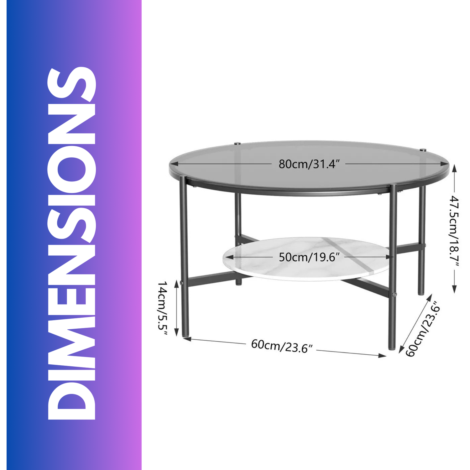 2 Tier Round Faux Marble Glass Coffee Table Heavy Duty - Black
