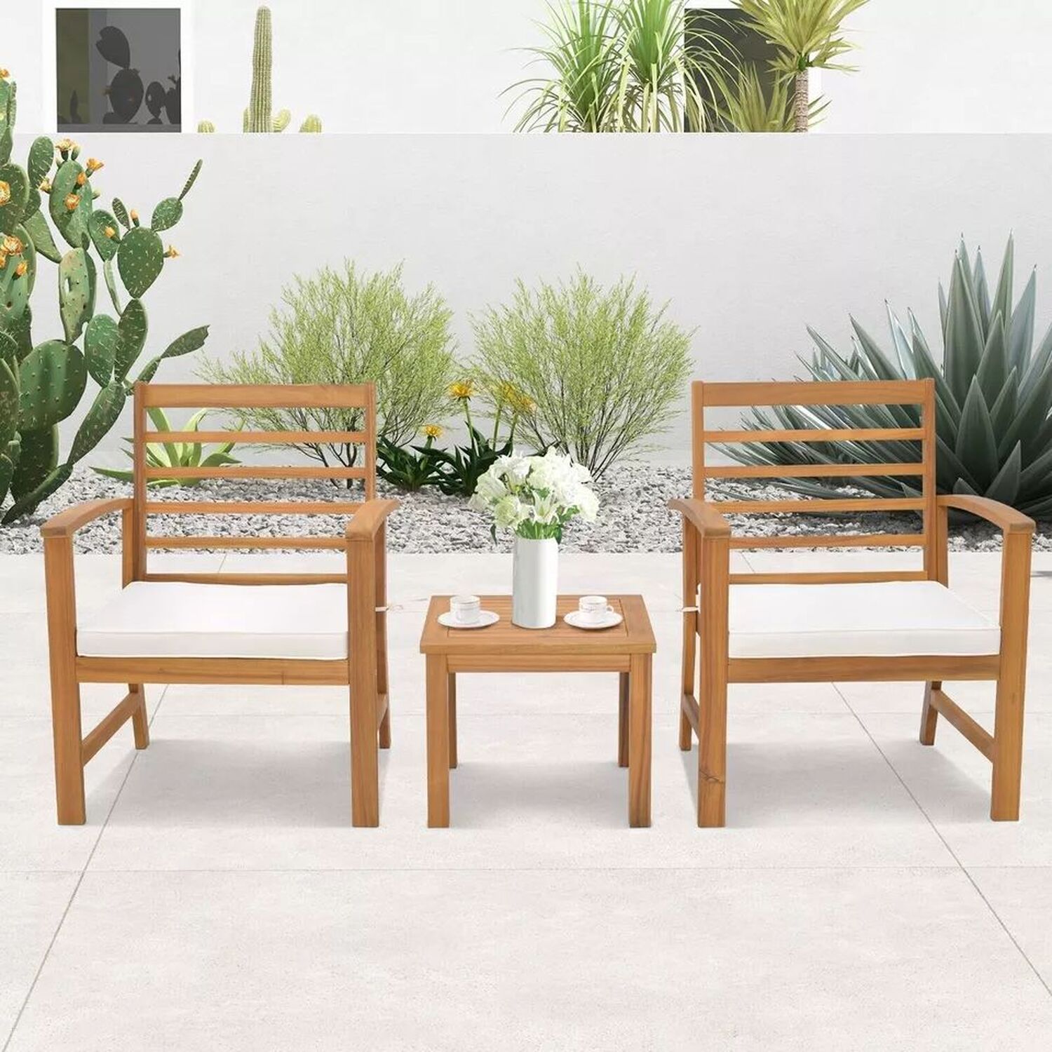 Acacia Wood Bistro Chair And Table Set With Cushions - Natural