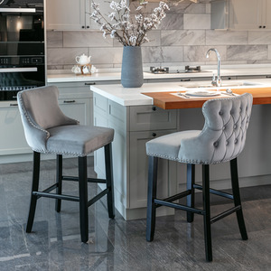 Set of 6 Contemporary Velvet Upholstered Wing-Back Barstools