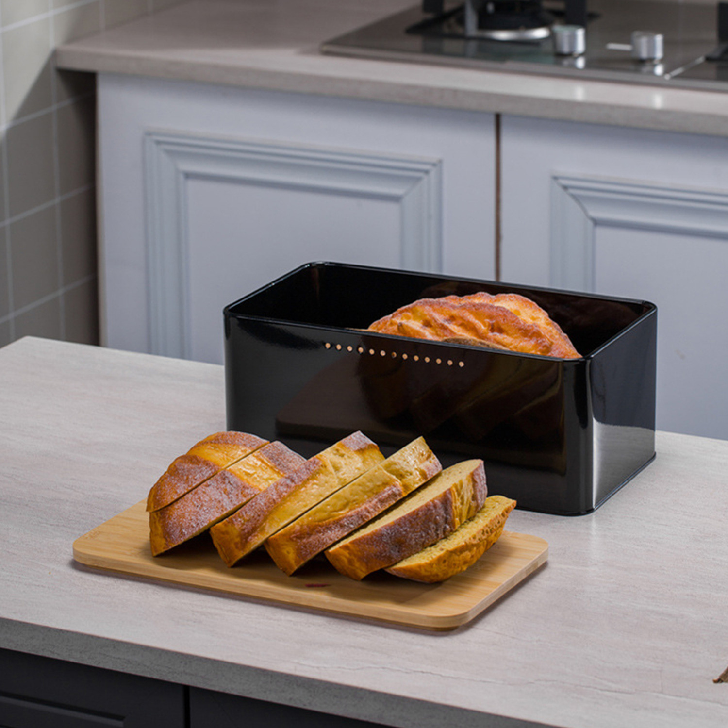 Livingandhome Metal Bread Bin with Bamboo Lid - Black