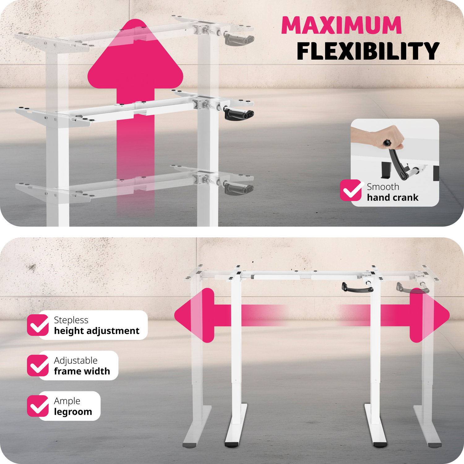 Sit Stand Desk Stepless Height-adjustment Hand Crank Width-adjustable - White