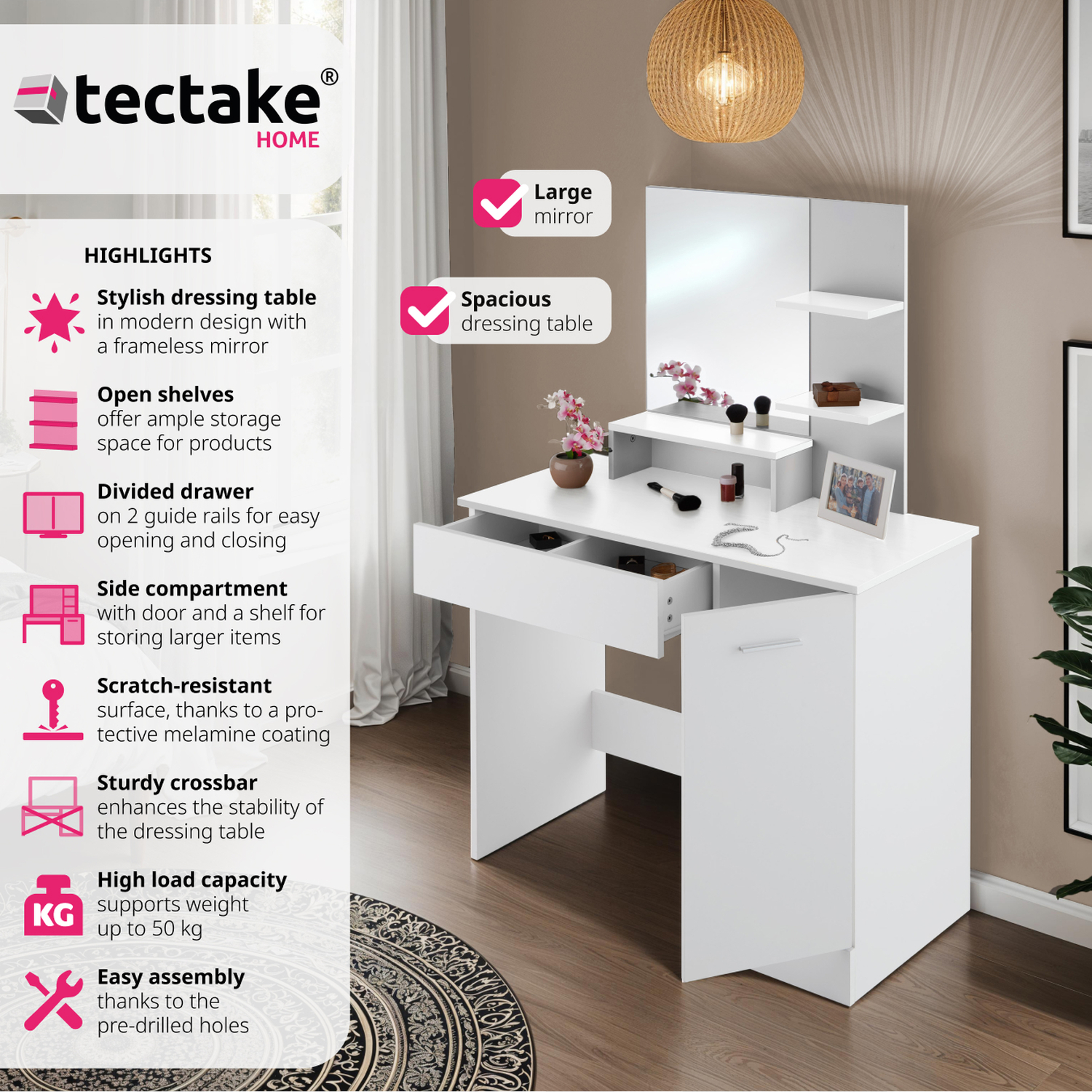 Dressing Table Zoe Drawer Mirror Cupboard And Storage Shelves - White