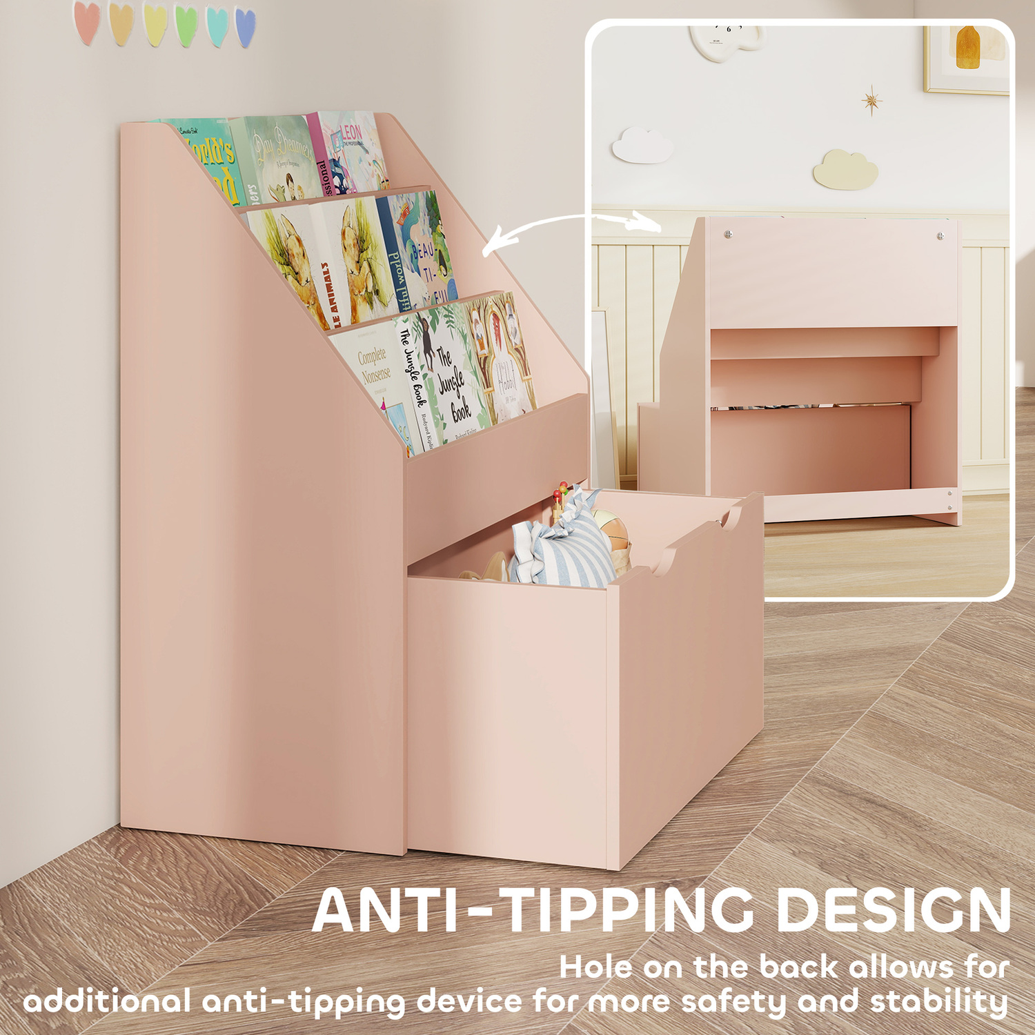 Aiyaplay Kids Bookcase With 3 Tier Shelves And Drawer - Pink