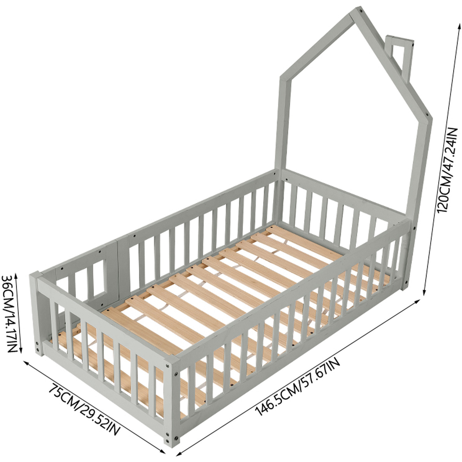 House-shaped Pine Wood Bed Frame - Grey