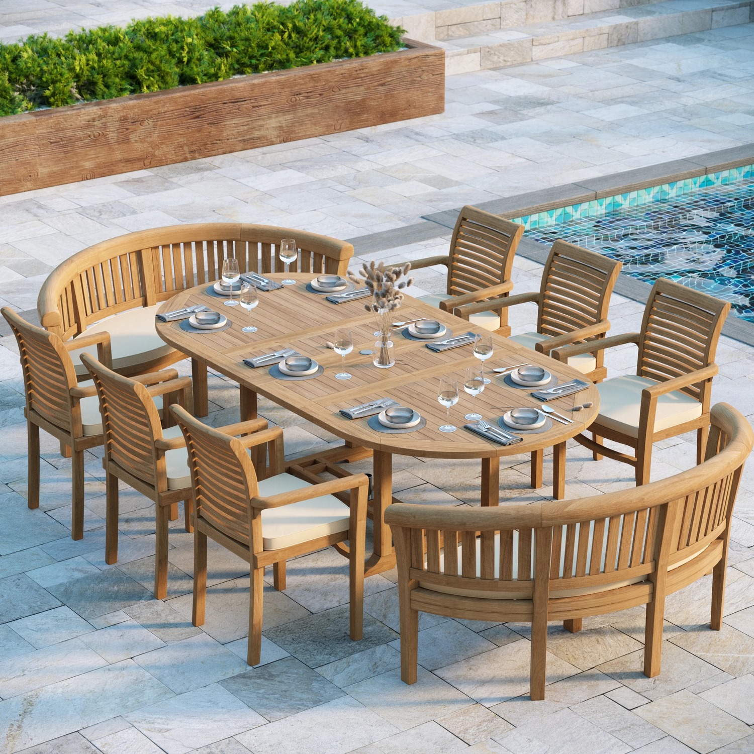 Corfu Teak Garden Dining Table And 10 Seat Chair Set - Teak Table 6 Chairs 2 Benches Cream Cushions