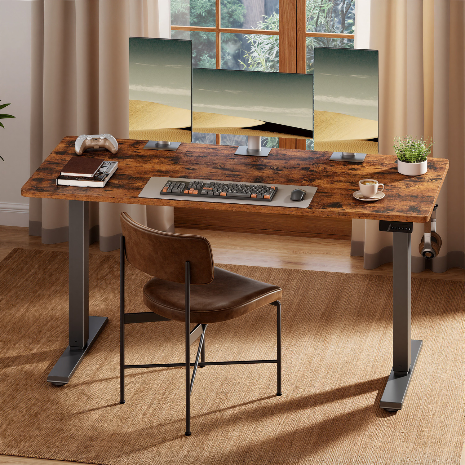 Height Adjustable Desk Electric Standing Desk - Rustic Brown