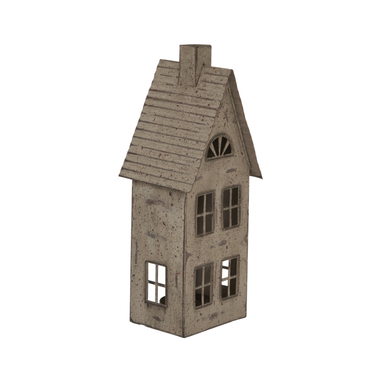Tall Rustic Metal House Tealight Holder with Glass Votive - Brown