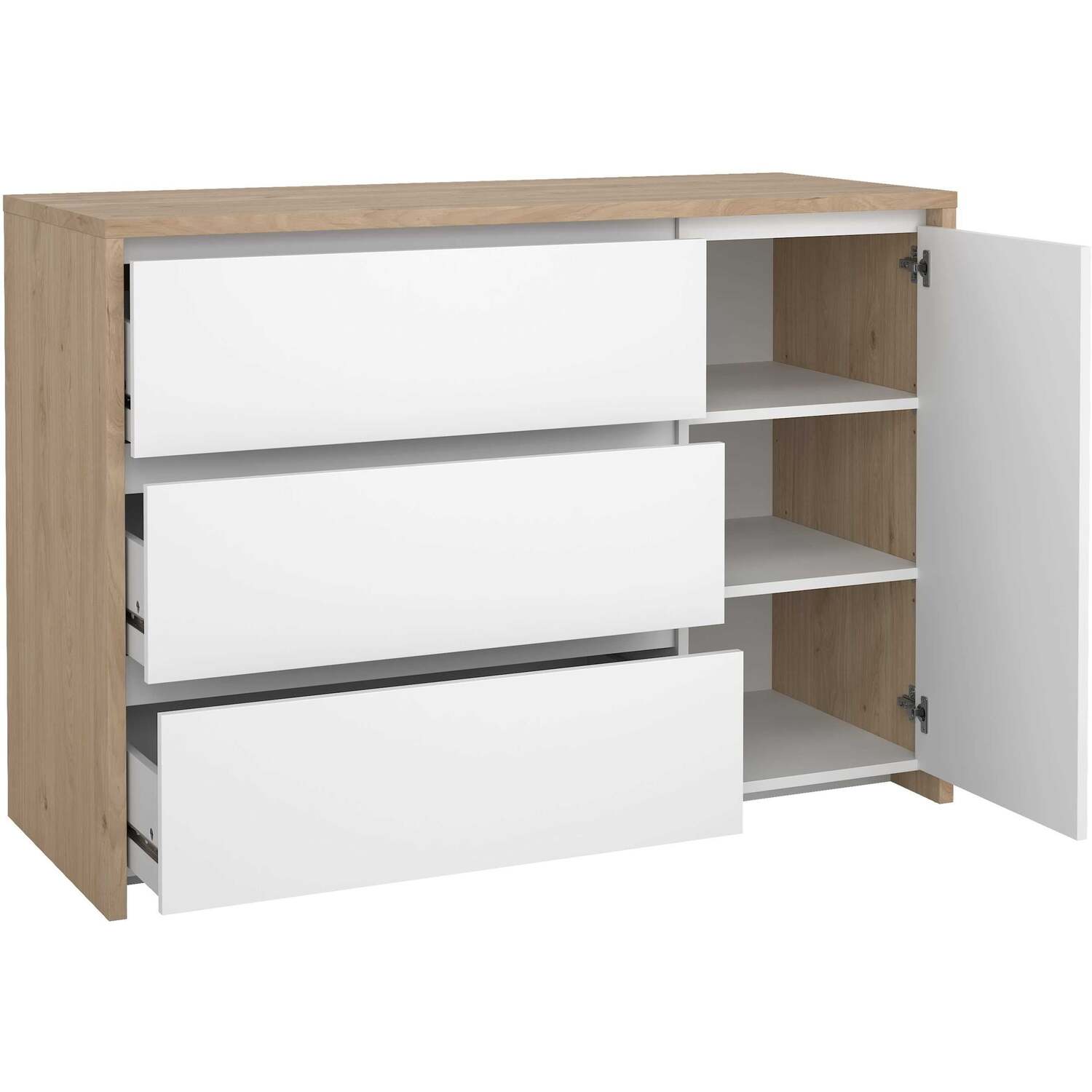 Wyld Haus Salzburg Sideboard, White High-Gloss Fronts and Natural Oak-Effect Frame, 1 Door 3 Drawers - Natural