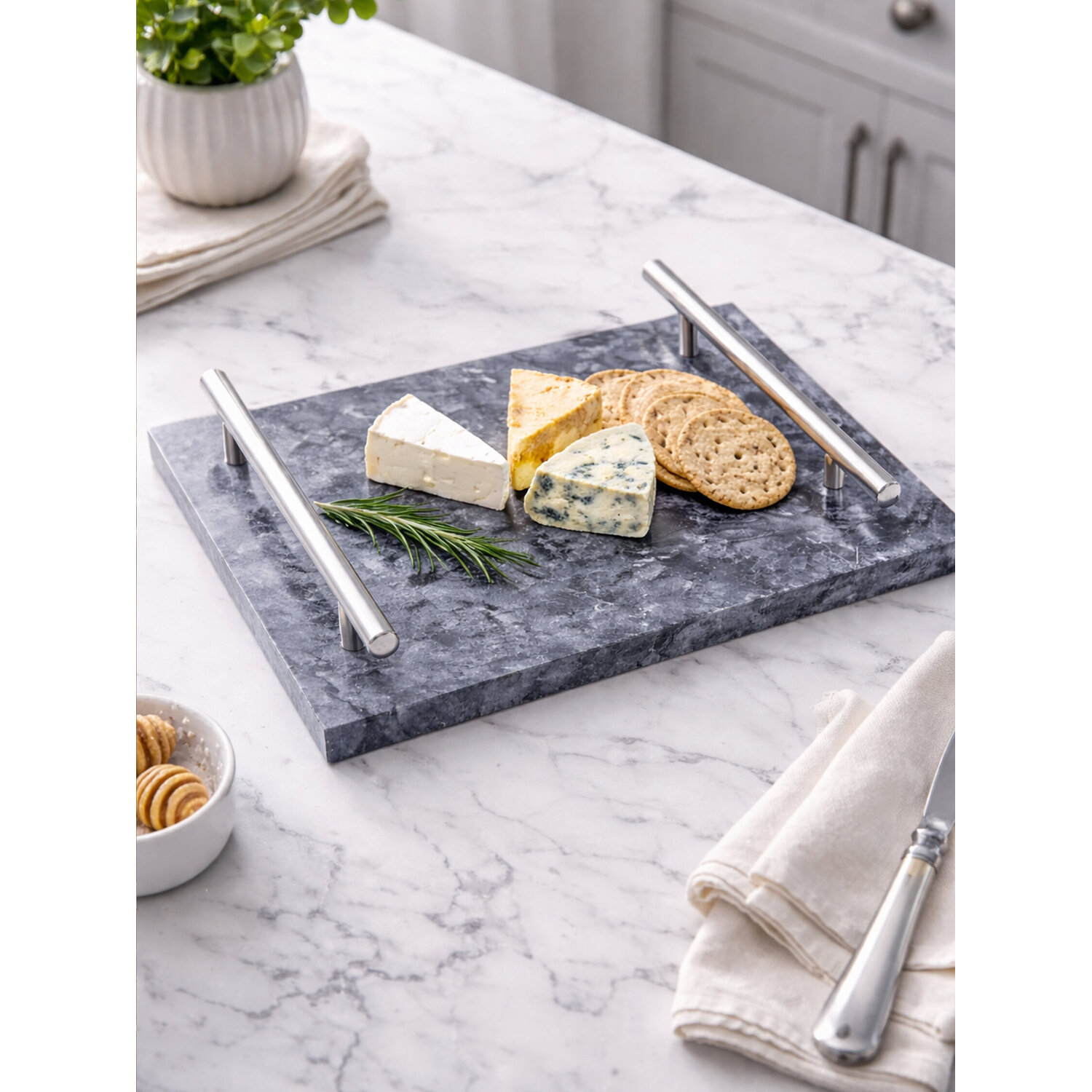 Marmore Black Marble Serving Board with Silver Handles - Black