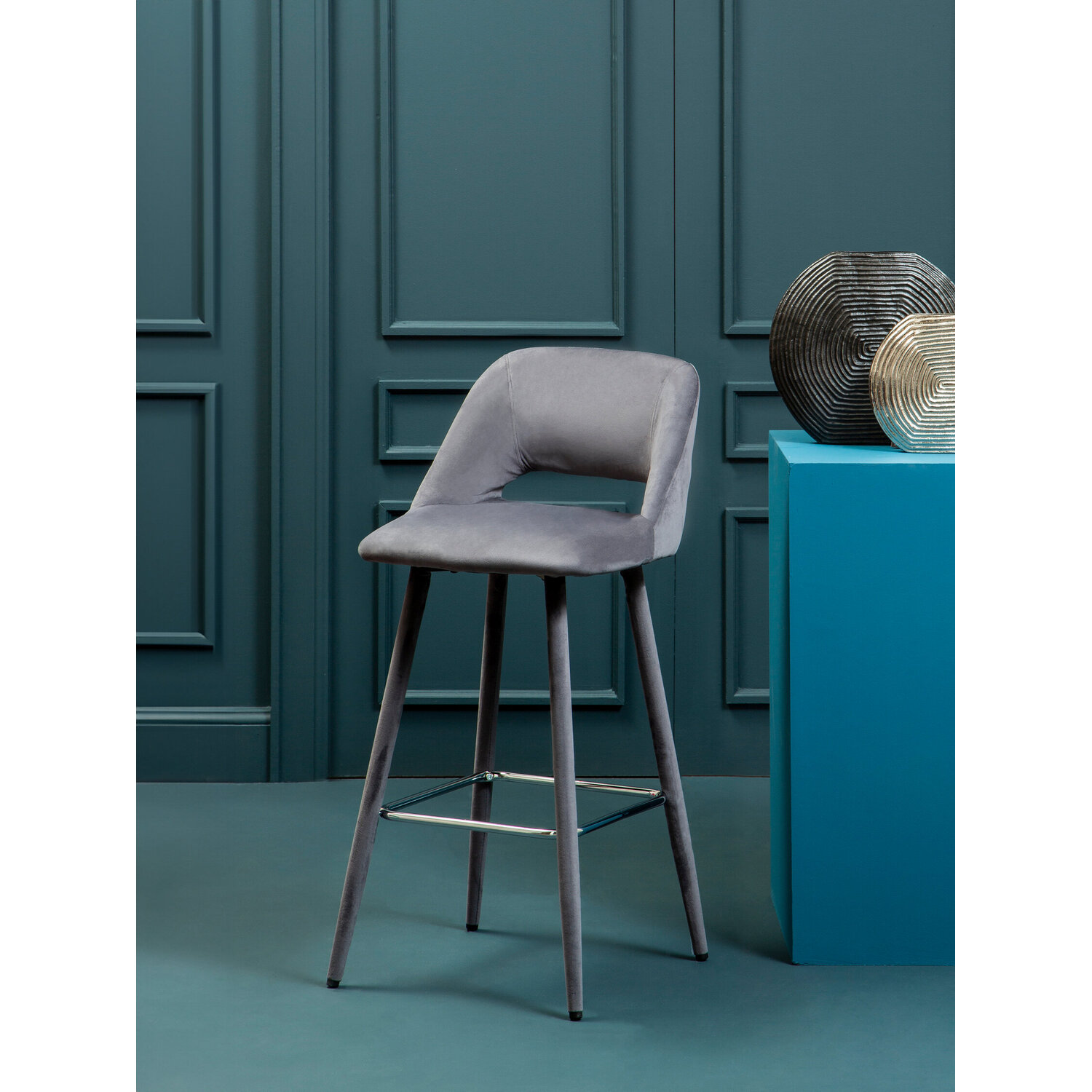 Warren Grey Velvet Bar Chair - Silver